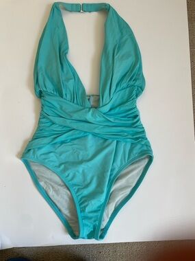 La Blanca One Piece Swimsuit Turquoise Halter Ruched Size 6